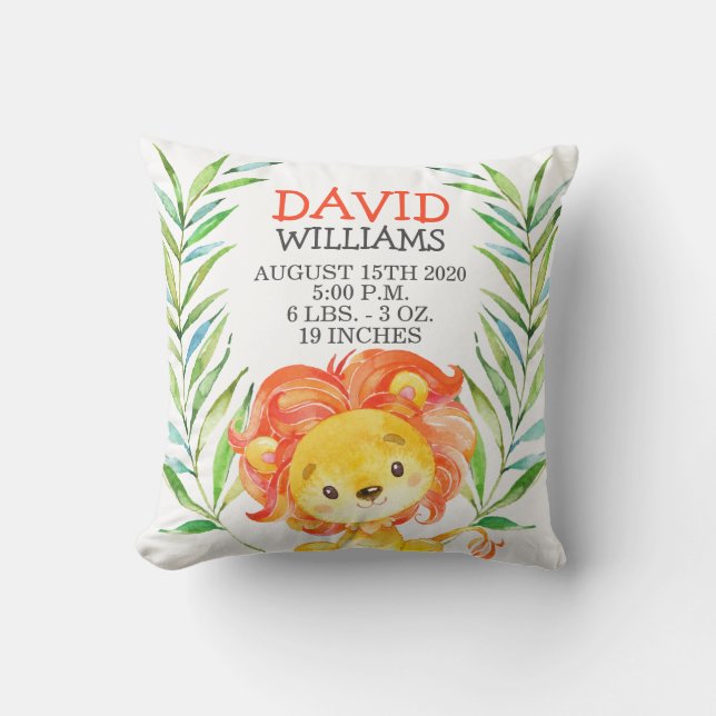 Coussin Cute Lion Boy Naissance Statistiques Jungle Safari (Recto)