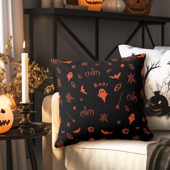 Coussin Cute Little Ghost Halloween noir et orange (Créateur téléchargé)