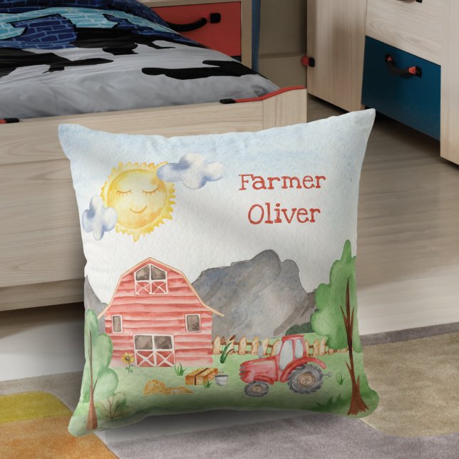 Coussin Cute Little Kids Farmer avec Aquarelle de prénom (Créateur téléchargé)