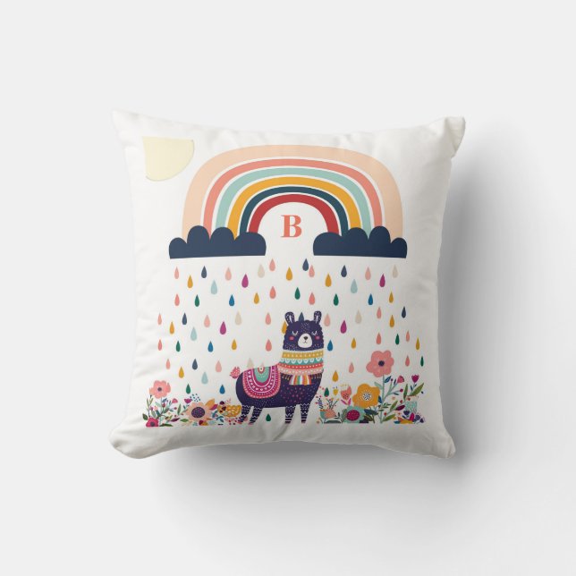 Coussin Cute Llama Arc-en-ciel Monogramme initial (Recto)