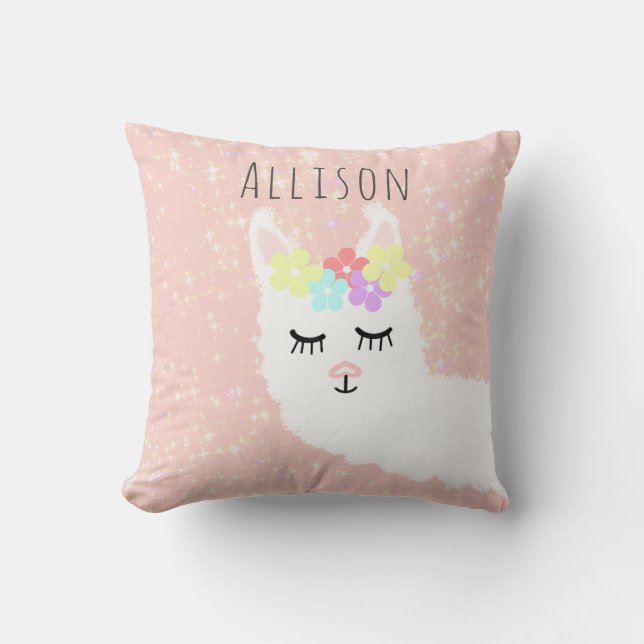 Coussin Cute Llama Floral Blush Pink Etoiles Personnalisée (Recto)