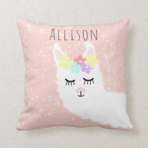 Coussin Cute Llama Floral Blush Pink Etoiles Personnalisée