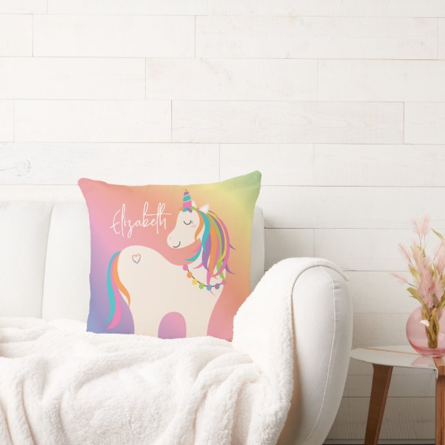 Coussin Cute Magique Arc-en-ciel Unicorne Nom personnalisé (Canapé)