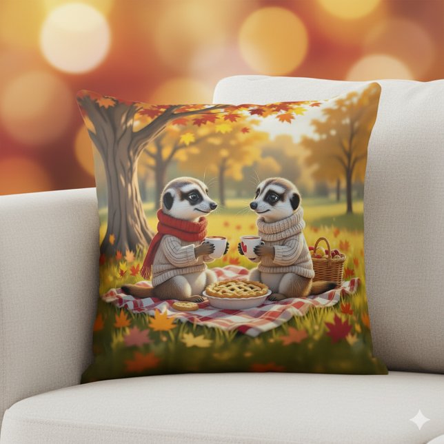 Coussin Cute Meerkats en automne Attire à un pique-nique (Meerkats in Autumn Attire Throw Pillow Cover Photo)