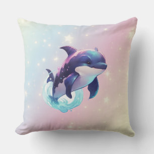 Coussin Cute moderne Kawaii Orca tueur baleine rose et ble