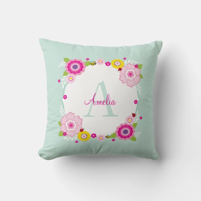 Coussin CUTE MONOGRAM fleurs de jardin à la menthe rose fl (Recto)