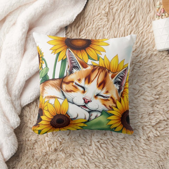 Coussin Cute Napping Kitten and Sunflowers (Couverture)