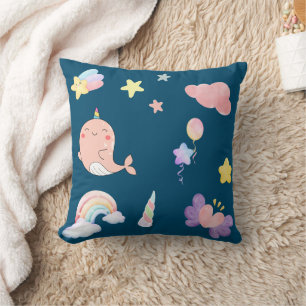 Coussin Cute Narwhal Fish Unicorn Rainbow Sea Anniversaire