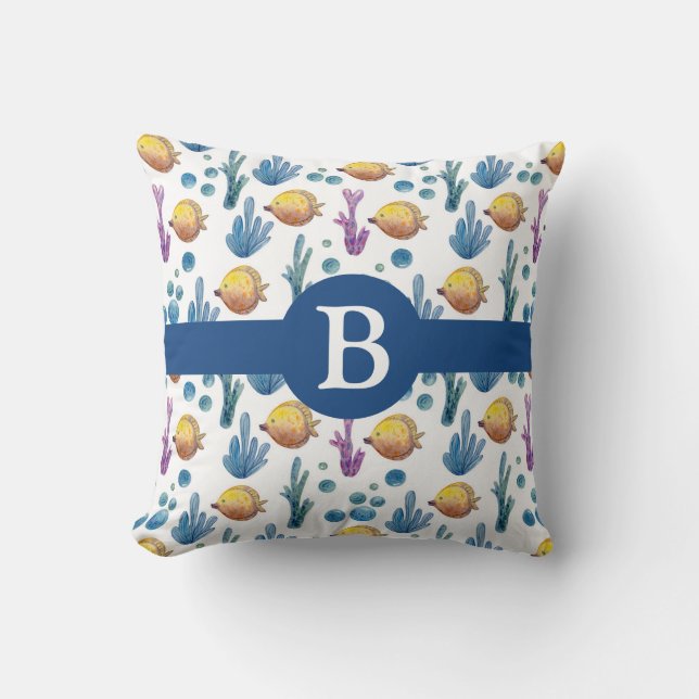 Coussin Cute Nautique Tropical Poisson Mer Océan Monogramm (Recto)