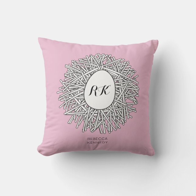 Coussin Cute Nid & Oeuf Initiales et nom personnalisés ros (Recto)