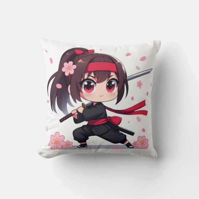 Coussin Cute ninja guerrière fille en fleur (Recto)