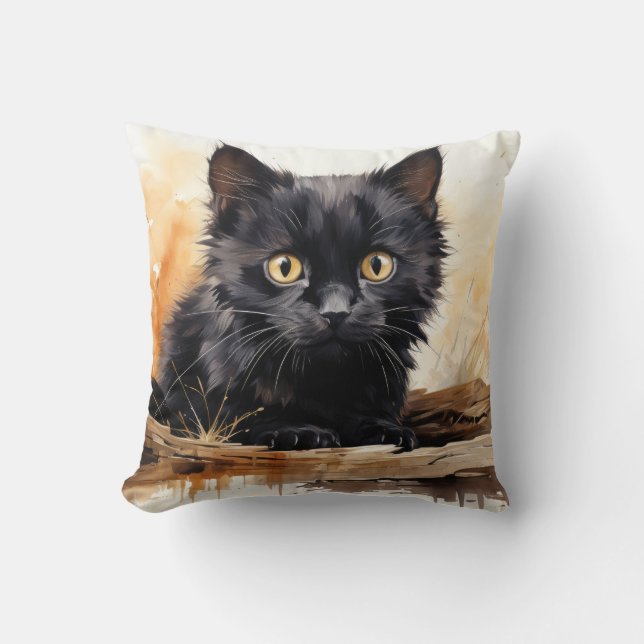 Coussin Cute noir Chat aquarelle Art (Recto)