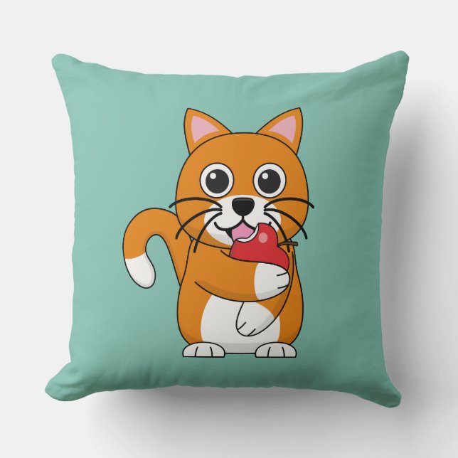 Coussin Cute Orange Blanc Chat Manger Rouge Pomme Carton (Recto)