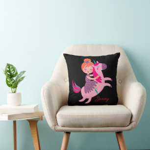 Coussin Cute Orange Haired Girl équitation sur une licorne