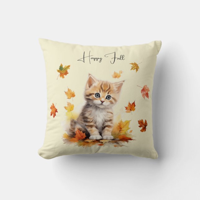 Coussin Cute Orange Tabby Kitten dans les feuilles d'autom (Recto)