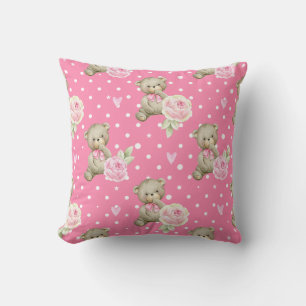 Coussin Cute Ours En Teddy & Motif Rose Floral Peony