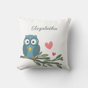 Coussin Cute Owl avec lunettes sur une branche nom personn