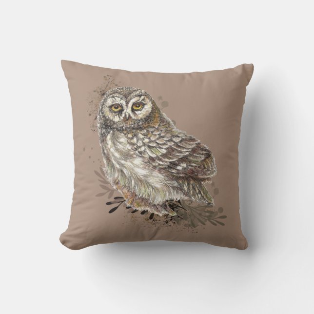 Coussin Cute Owl, Watercolor Bird Nature Taupe (Recto)
