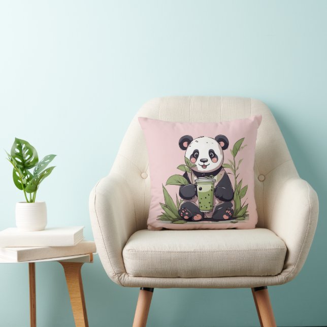 Coussin Cute Panda boire du thé à bulle, du boba tea (Chaise)