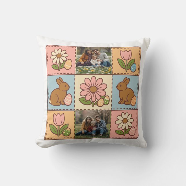 Coussin Cute Pastel Easter Bunny Flower Patchwork 2 Photo  (Recto)