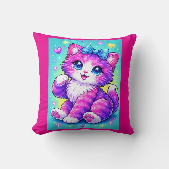 Coussin Cute Pastel Kitten Pillow Design with Bow and Spar (Recto)