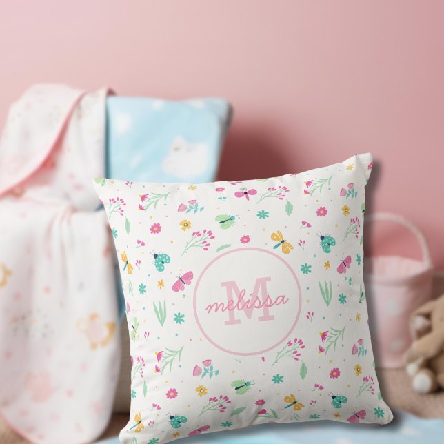 Coussin Cute Pastel Rose Floral Fleurs sauvages Nom du mon (Créateur téléchargé)