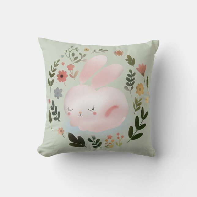 Coussin Cute Pastel Spring Bunny Floral Wreath Nursery Art (Recto)