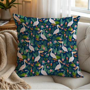 Coussin Cute pélicans coloré fleurs tropicales motif