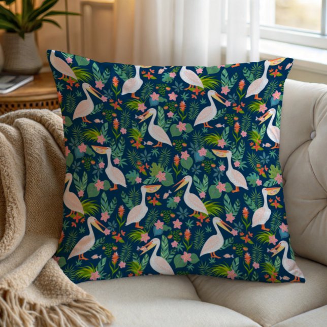 Coussin Cute pélicans coloré fleurs tropicales motif (Créateur téléchargé)