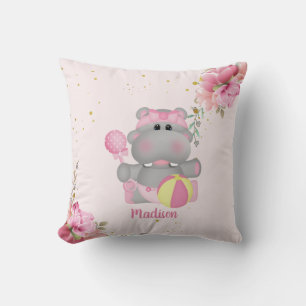 Coussin Cute personnalisée Hippo rose et or Floral