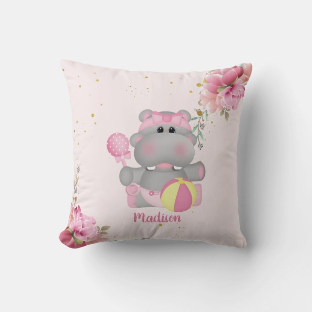 Coussin Cute personnalisée Hippo rose et or Floral (Recto)