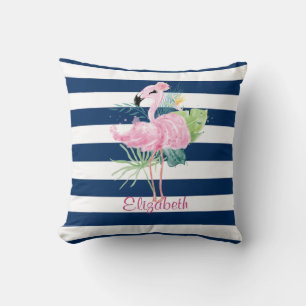 Coussin Cute Pink Flamingos Tropical Leaf, Striped