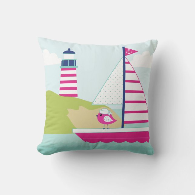 Coussin Cute Pink Sail Boat and Lighthouse (Recto)