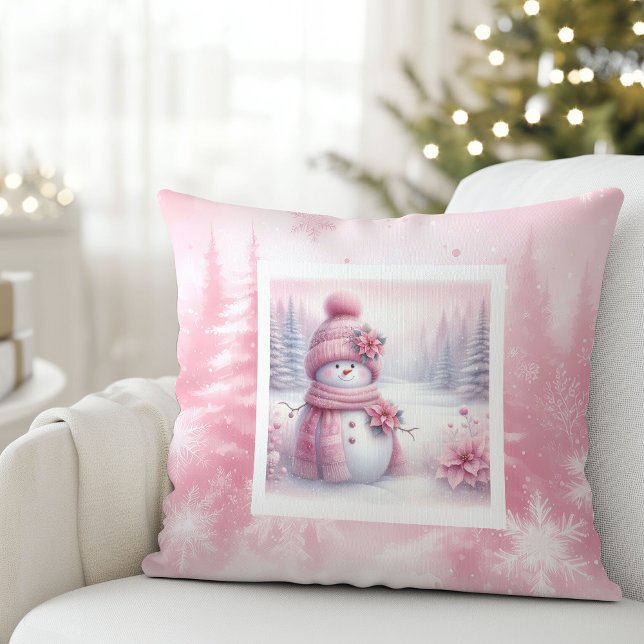 Coussin Cute Pink Snowman Christmas Scene Pinkmas Pillow (Cute Pink Snowman Christmas Scene Pinkmas Pillow)