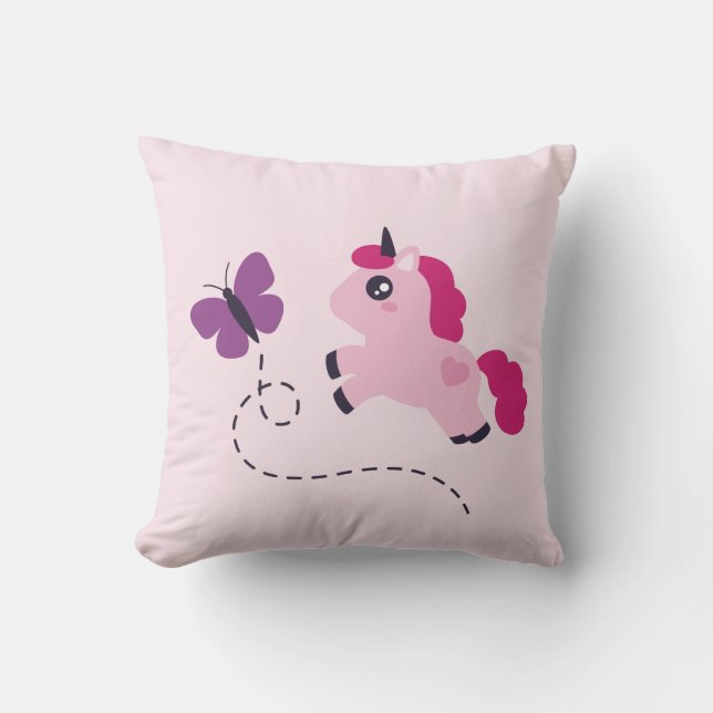 Coussin Cute Pink Unicorn avec un Papillon (Recto)