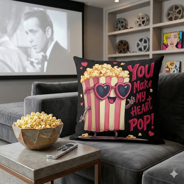 Coussin Cute Popcorn Valentine Vous Faites Mon Coeur Pop! (Popcorn Heart Pop Valentine Design Throw Pillow Mockup A)