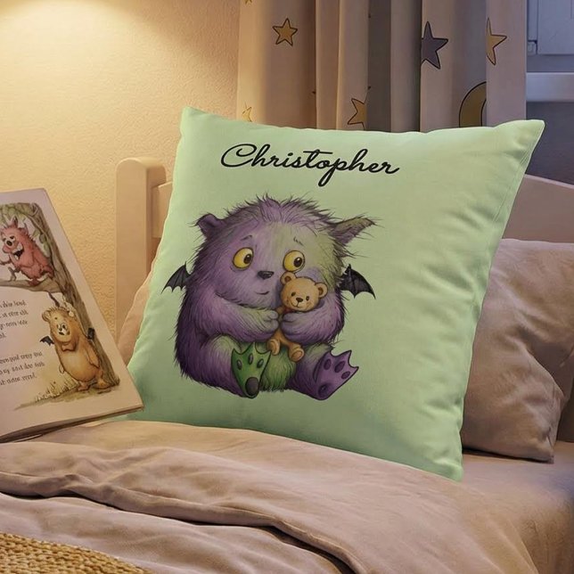 Coussin Cute Purple Green Fluffy Monster Buddy (Créateur téléchargé)