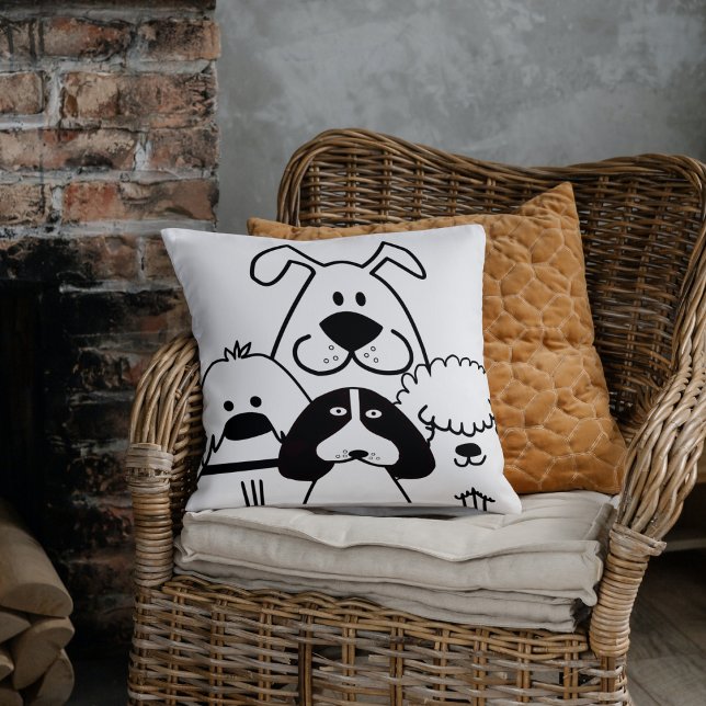Coussin Cute Quatre Doodles de Chien Noir et Blanc (Cute pillow for dog lovers.)