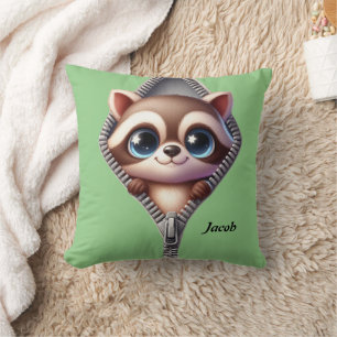 Coussin Cute Raccoon Green Kids