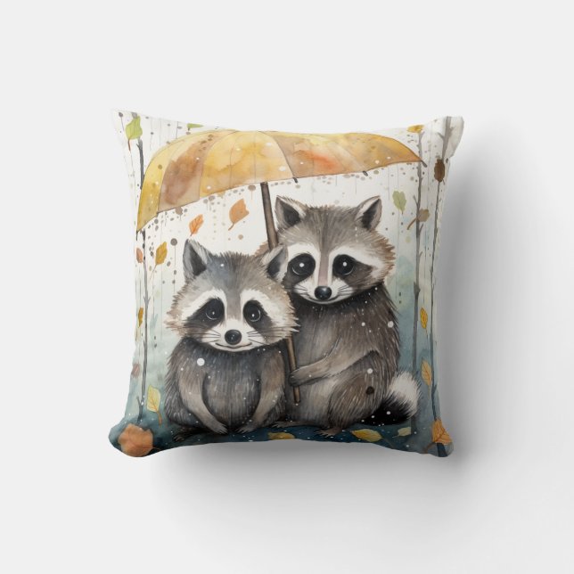 Coussin Cute Raccoons in the Rain (Recto)