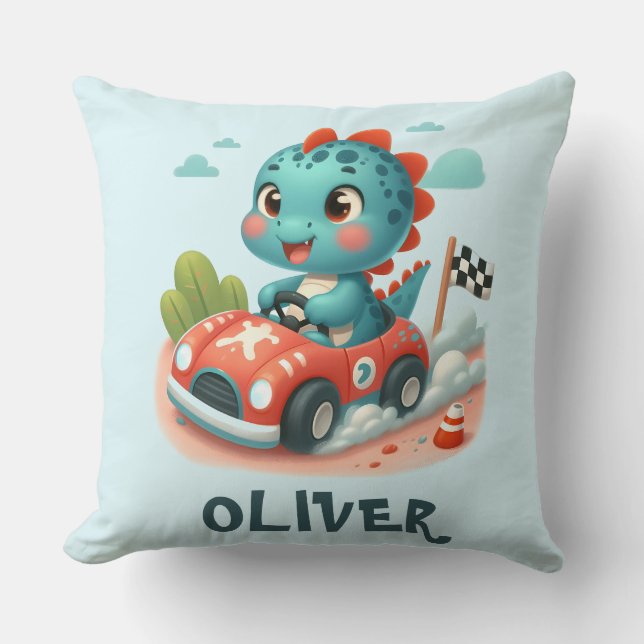 Coussin Cute Racer Dino conduire une voiture rapide (Recto)