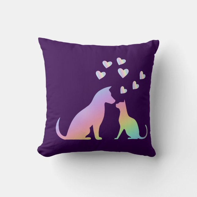 Coussin Cute Rainbow Cat and Dog Silhouette Love Purple To (Recto)