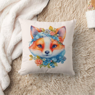 Coussin Cute Renard orange avec Couronne florale
