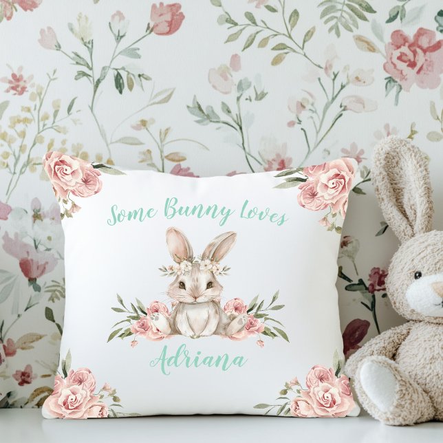 Coussin Cute Rose Floral Bunny Baby Girl Nursery (Some bunny loves you boho floral rabbit pillow with aqua script typography)