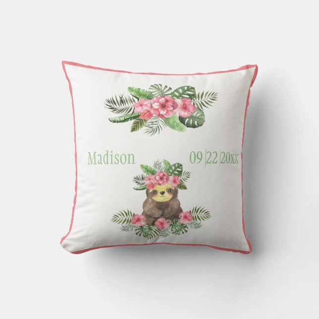 Coussin Cute rose Floral Hawaiian Sloth Nom de l'animal Da (Recto)