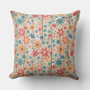 Coussin Cute rouge orange bleu floral sur bois blanc