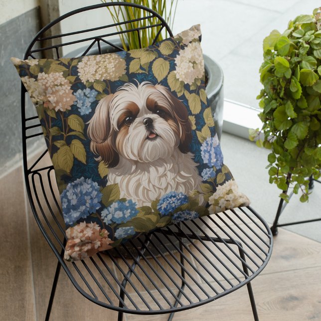 Coussin Cute Shih Tzu Chiot Blue hydrangea fleurs (Créateur téléchargé)