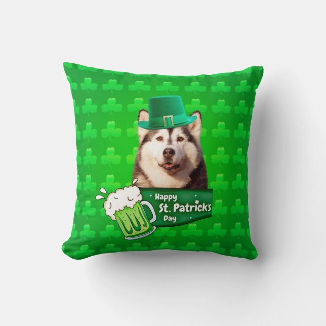 Coussin Cute Siberian Husky Chien Casquette St. Patrick's  (Recto)