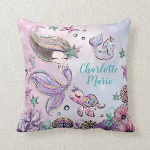 Coussin Cute Sirène avec tortue et petite fille Narwhal