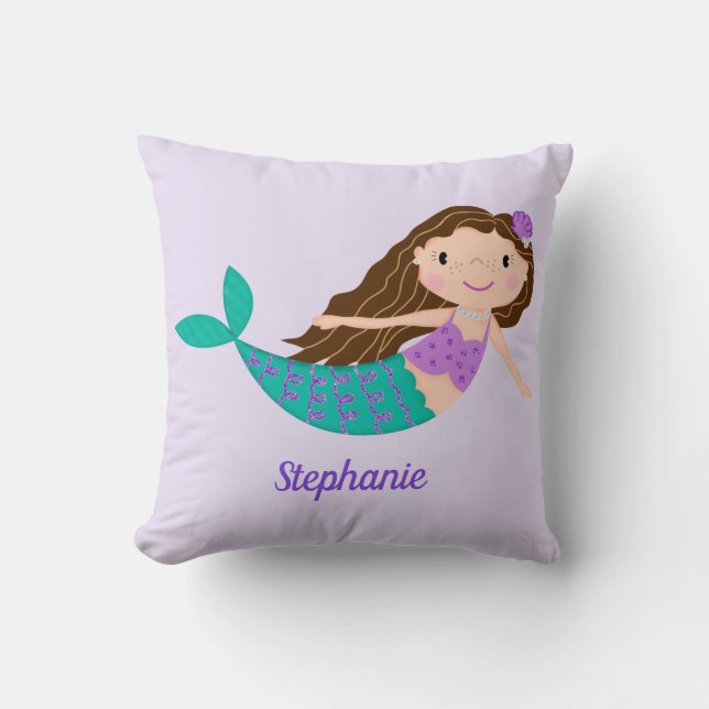 Coussin Cute Sirène Whimsical violet Personnalisé (Recto)